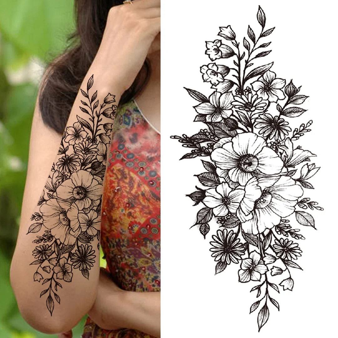 Realistic Fake Peony Temporary Tattoos For Women Girl Black Rose Elephant Flower Tattoo Sticker Tiger Anemone Tatoos Half Sleeve 530-1