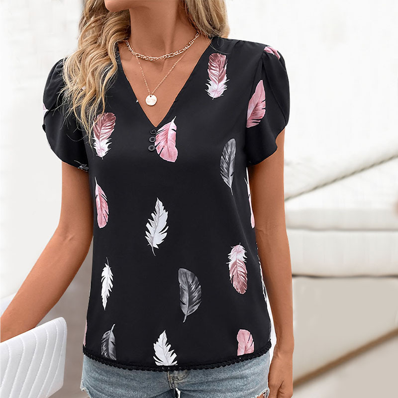Mature Women's Casual V-neck Feather Printed Shirt Top