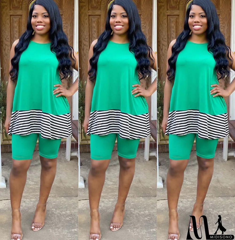 MidiSono - Casual Stripe Patchwork Sleeveless 2 Piece Shorts Set