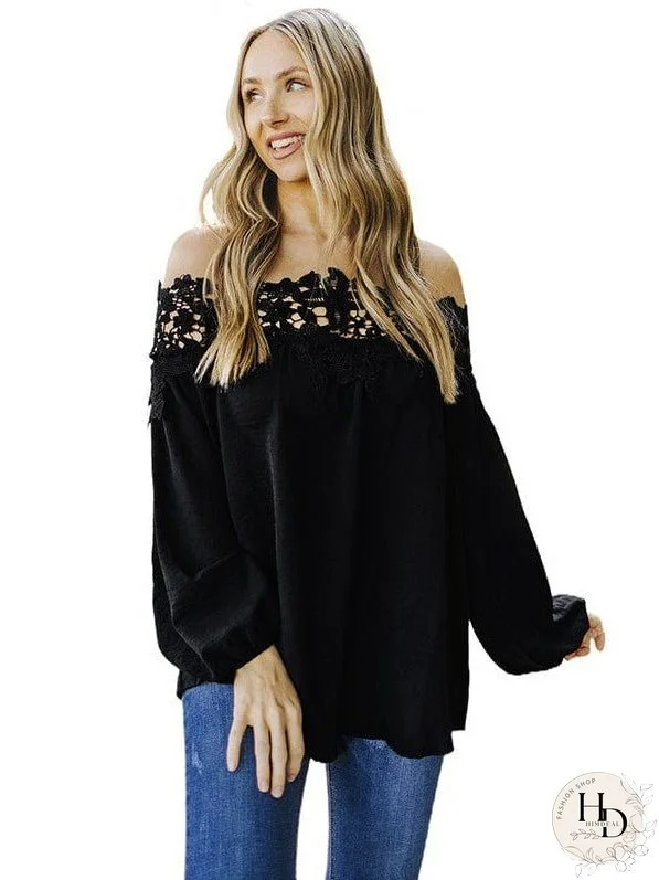 Loose Lace Stitching Chiffon Plus Size Shirt With One-Neck Design For Women