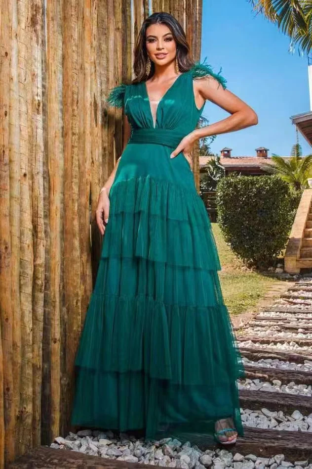 Daisda Peacock Straps Deep V-Neck Tulle Prom Dress With Feathers Layered