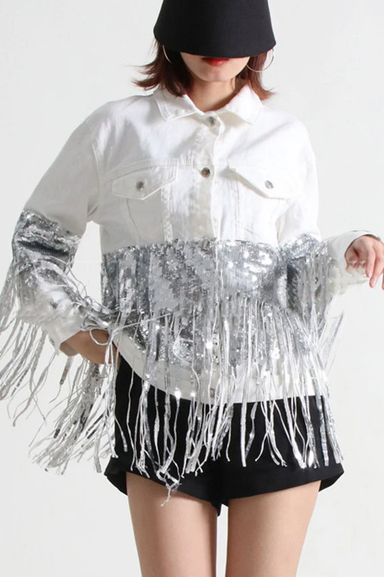 Fringe Stitching Sequin Denim Jacket-White