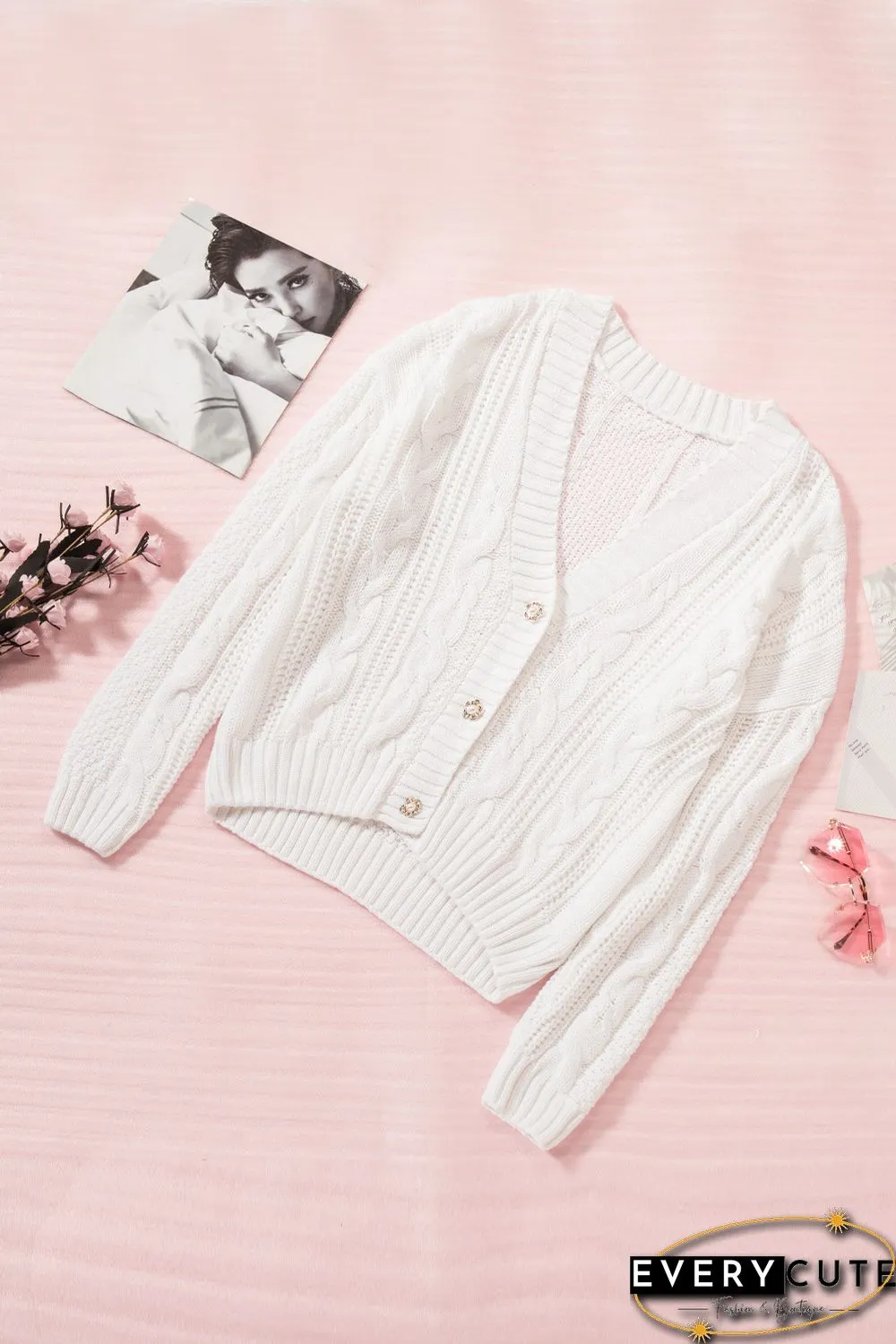 White Buttons Weave Knit Cardigan