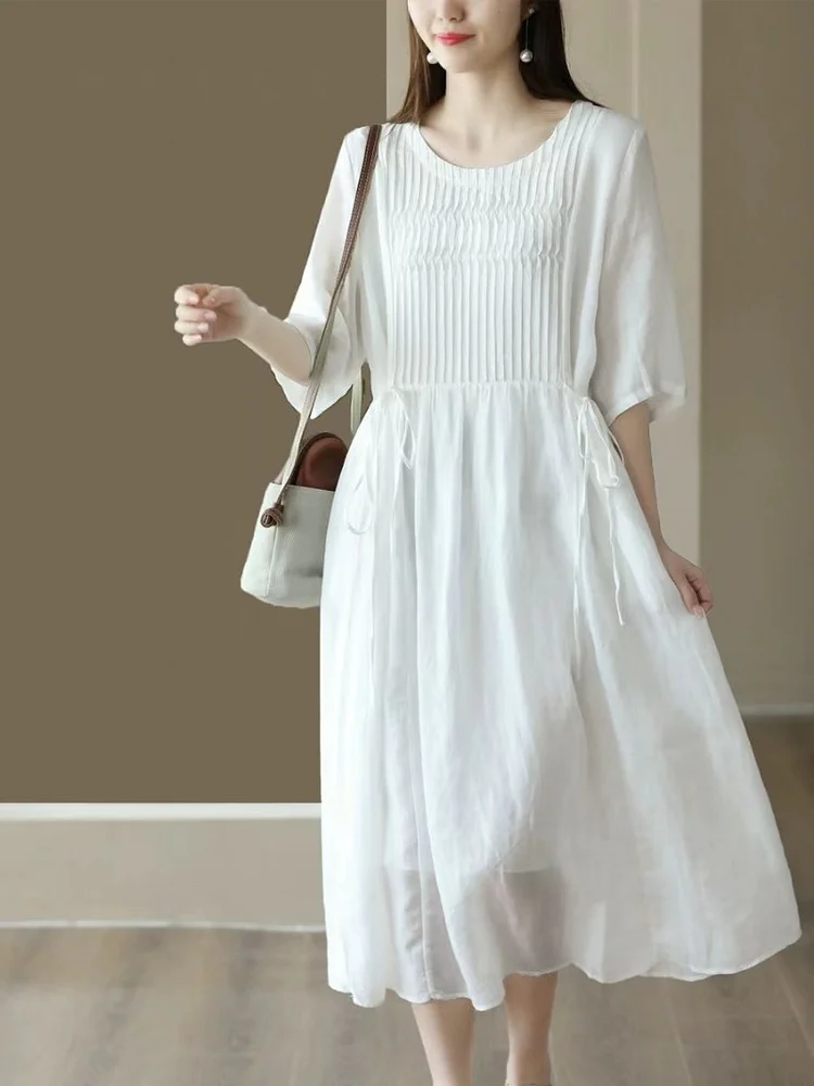 Literary Ramie Pleated Short Sleeve Dress