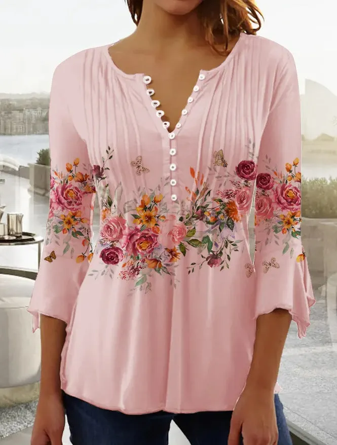 Brownm 3/4 Sleeves Printed Button Waist Blouses