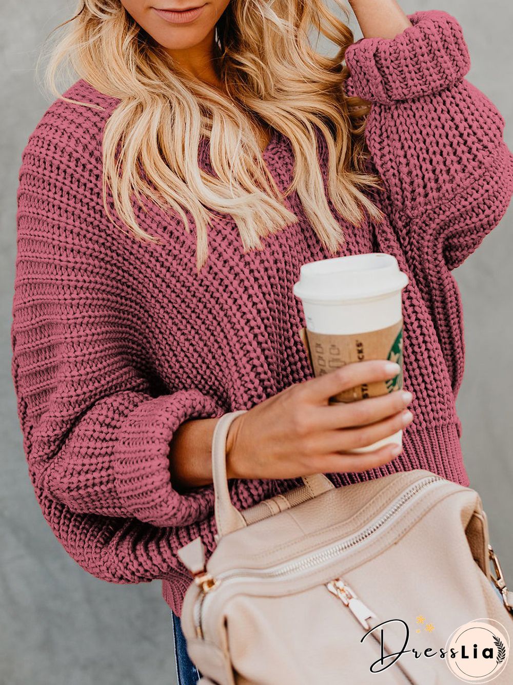 Indianred Loose Long Sleeve Knit V-Neck Sweater