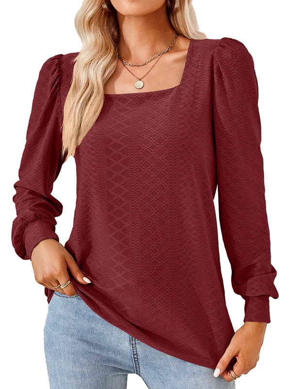 Loose Jacquard Solid Color Square-neck T-Shirts Tops