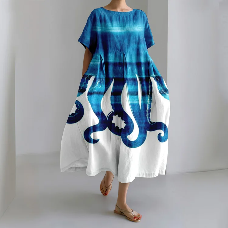 Japanese Gradient Ocean Octopus Art Linen Blend Casual Dress