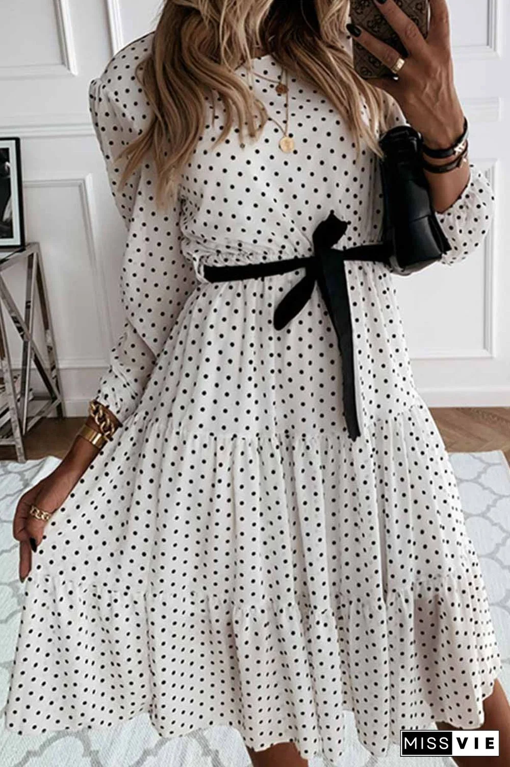 Elegant White Black Dot Print Round Neck Tie Midi Dress