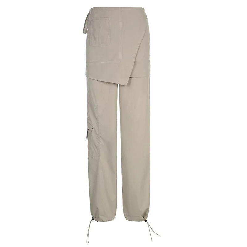 Sweetown Drawstring Low Waist Y2K Skirt Cargo Pants Pockets Design Streetwear Joggers Womens Vintage Casual Hippie Sweatpants
