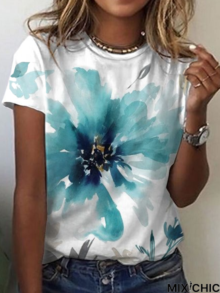 Casual Crew Neck Floral Short Sleeve T-Shirt