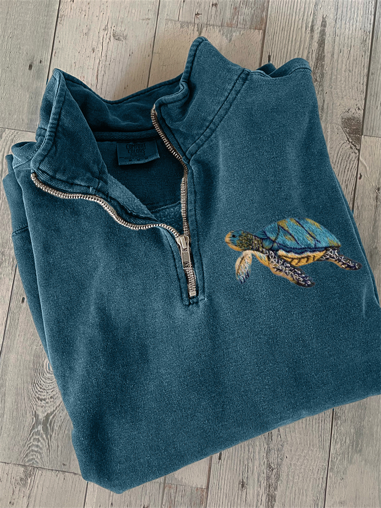 Lovely Sea Turtle Embroidery Art Zip Up Sweatshirt wearshes
