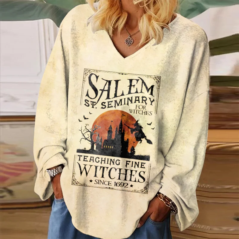 Salem ST. Seminary For Witches Print Women's Loose Long-sleeved T-shirt