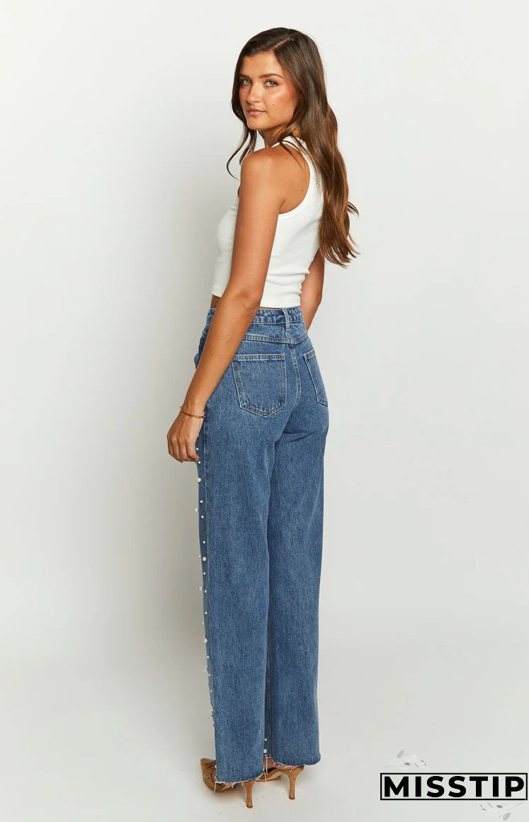 Women's Clothing Beaded Straight Denim Trousers