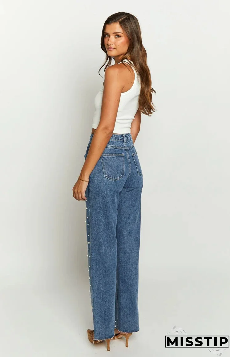 Women's Clothing Beaded Straight Denim Trousers