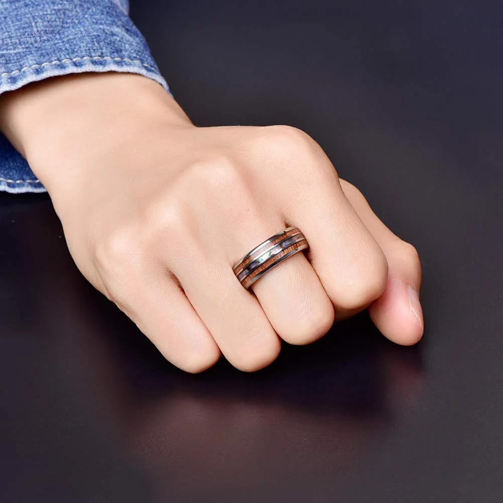 6MM 8MM Tungsten Rings Hawaiian Koa Wood Abalone Shell Imitated Opal Inlay Tungsten Carbide Wedding Bands for Womens Men Comfort Fit