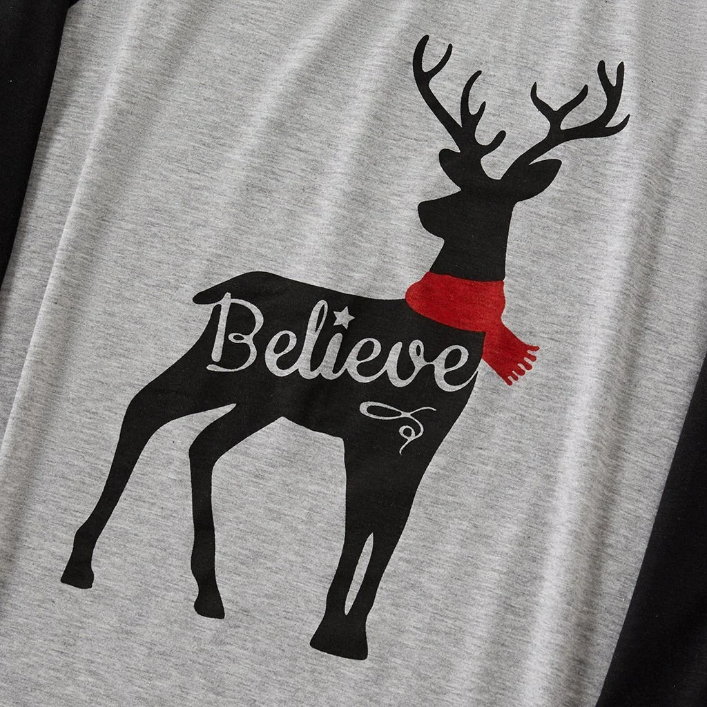 Family Matching ' Believe ' Deer Print Plaid Christmas Pajamas Set