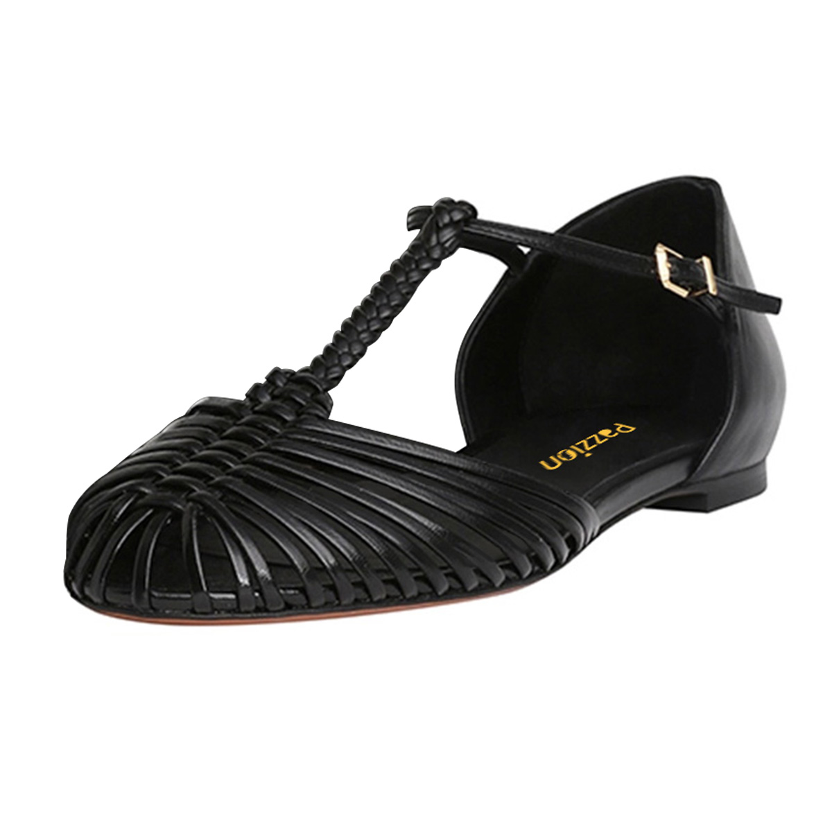 Black Woven T-Strap Caged Flat Sandals for Women with Buckle Nicepairs