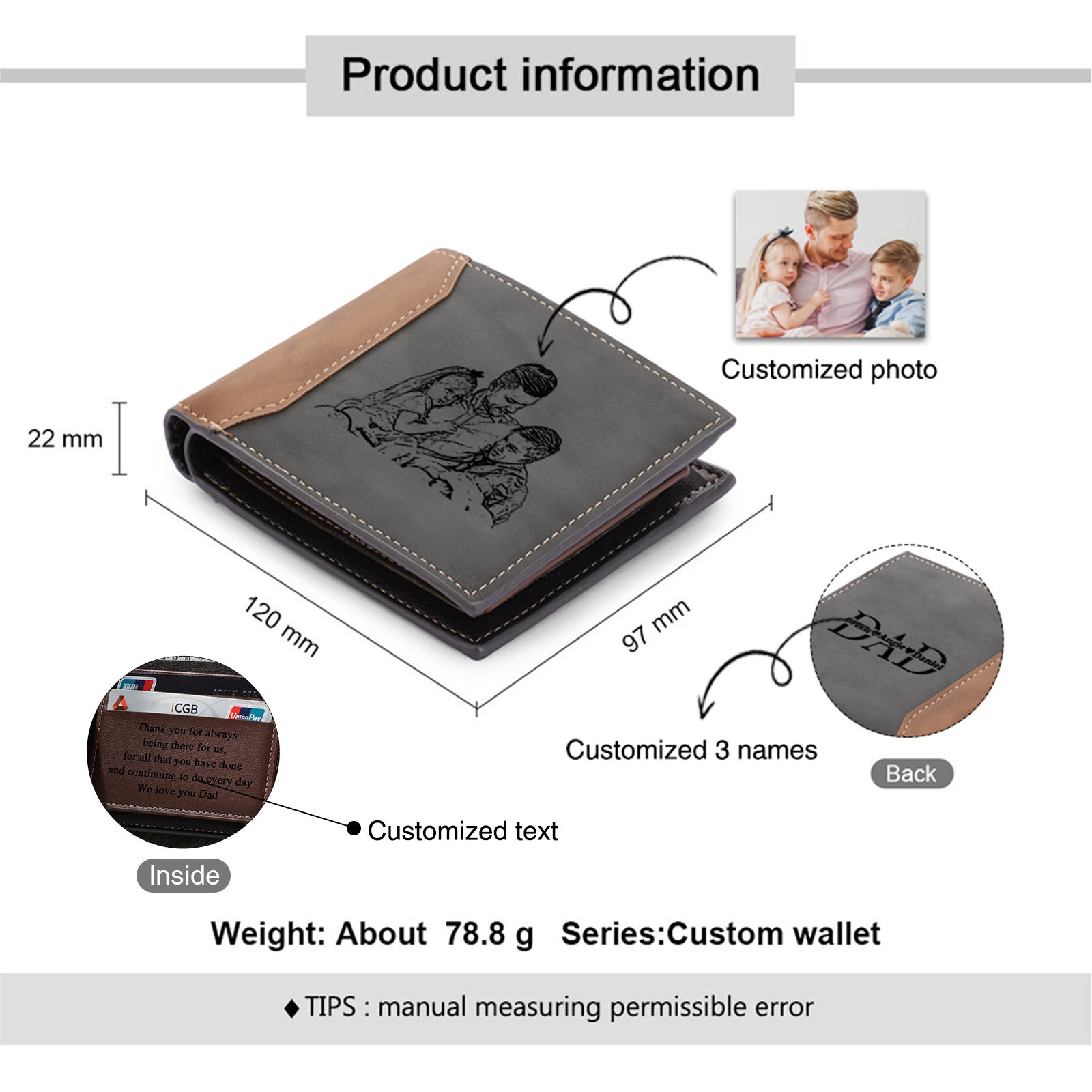 3 Names - Personalised Dad Billfold Wallet Custom Name & Photo & Text Leather Wallet Father's Day Gifts-Jessemade AU