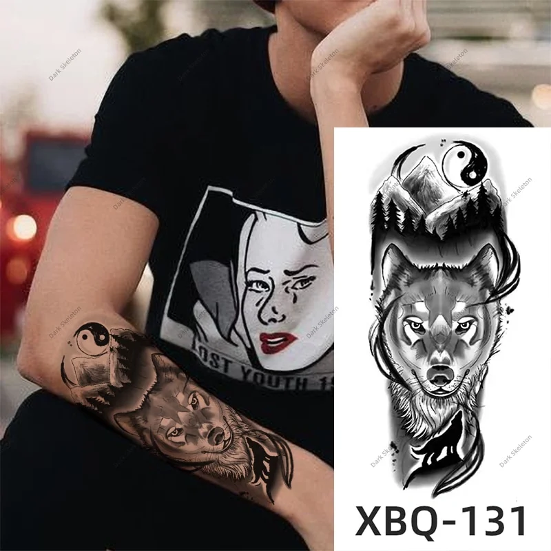 Sdrawing Black Forest Tattoo Sticker For Men Women Children Tiger Wolf Death Temporary Tattoo Fake Henna Skeleton King Animal Tatoo