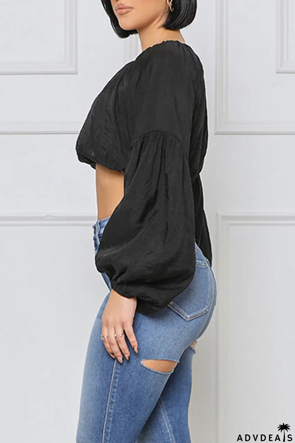 Light Green Casual Sweet Solid Split Joint Fold O Neck Tops