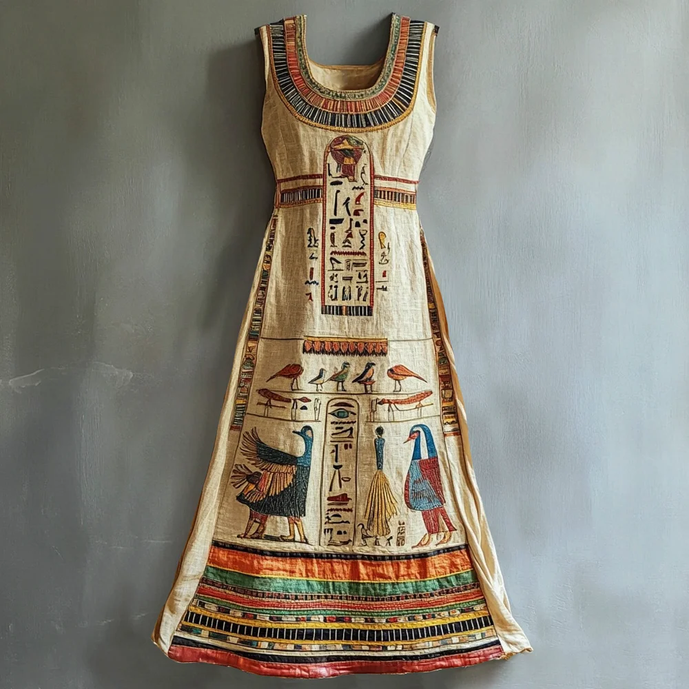 Egyptian Elements Printed Vintage Linen Women's Vest Maxi Dress
