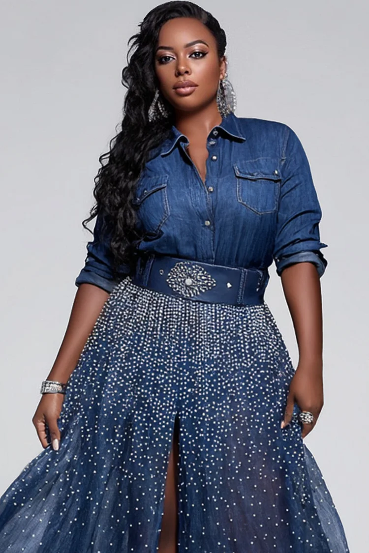 Xpluswear Design Plus Size Business Casual Blue Shirt Collar Long Sleeve Split Elegant Drilling Tencel Denim Maxi Dresses [Pre-Order]