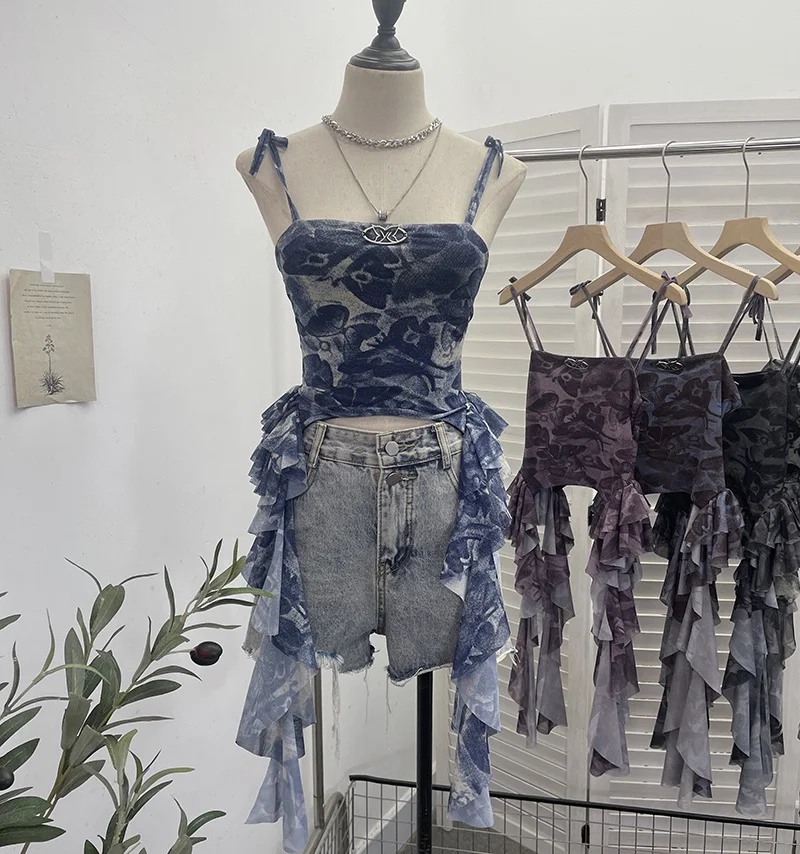 Brownm Real Shooting 2024 New Niche Babes Print Sling Vest Hem With Lotus Leaf Edge Sleeveless Top 6663