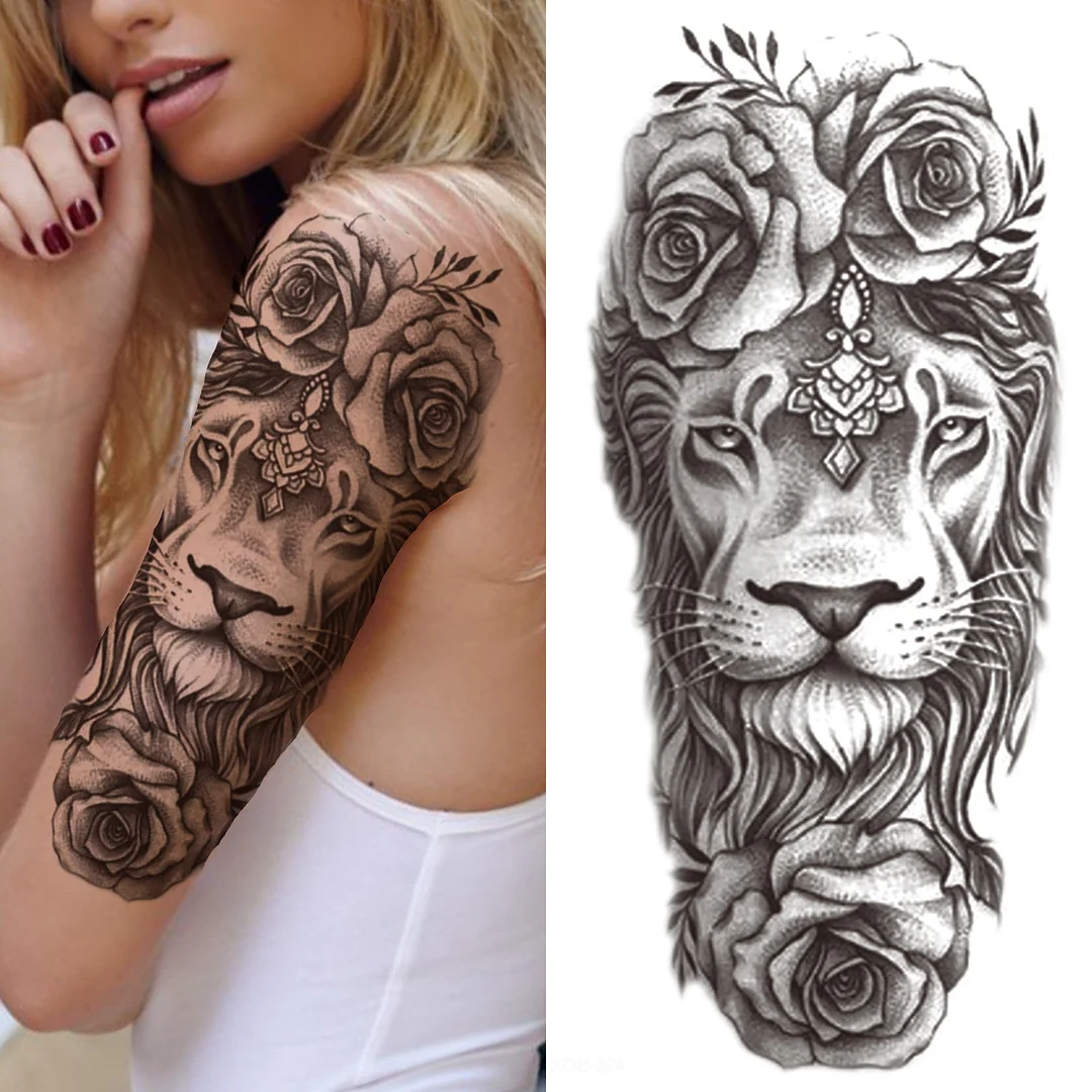 Compass Half Sleeve Temporary Tattoos For Women Men Adult Black Cross Tattoo Sticker Realistic Fake Lion Tatoo Bird Clock Flower