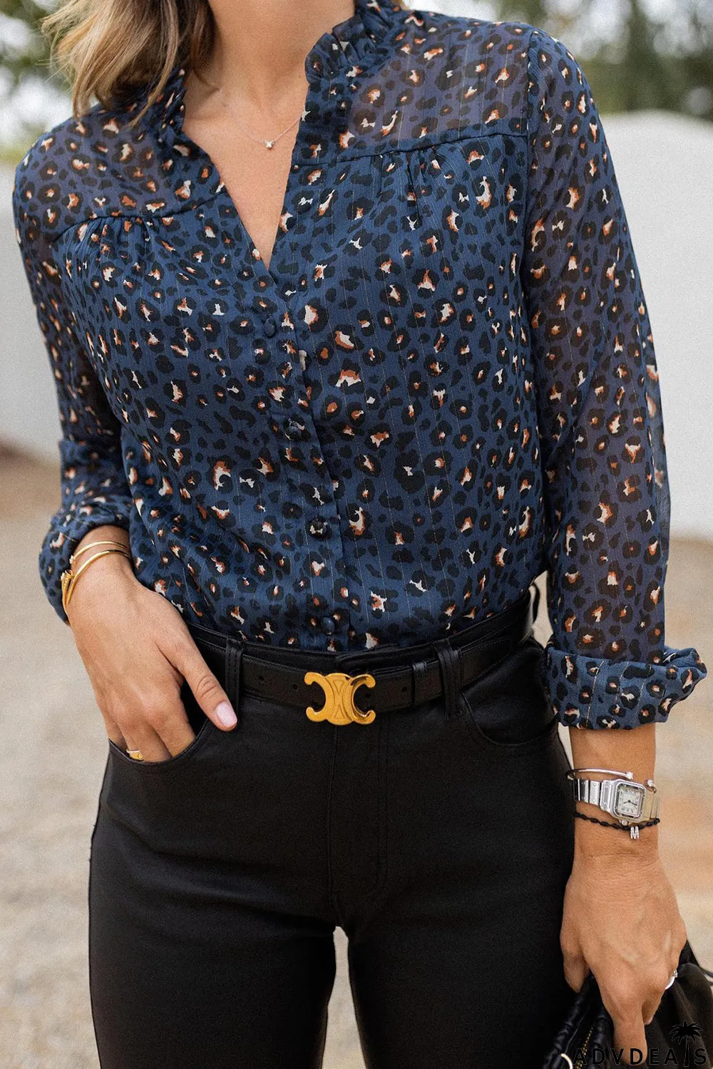 Blue Leopard Sheer Button Front Long Sleeve Shirt