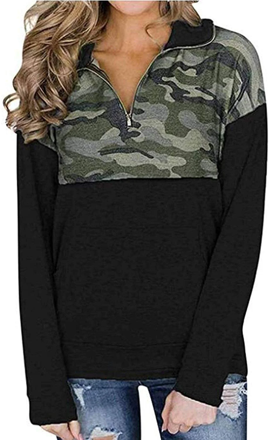 Women Quarter Zip Color Block Pullover Sweatshirt Tops with Pockets
