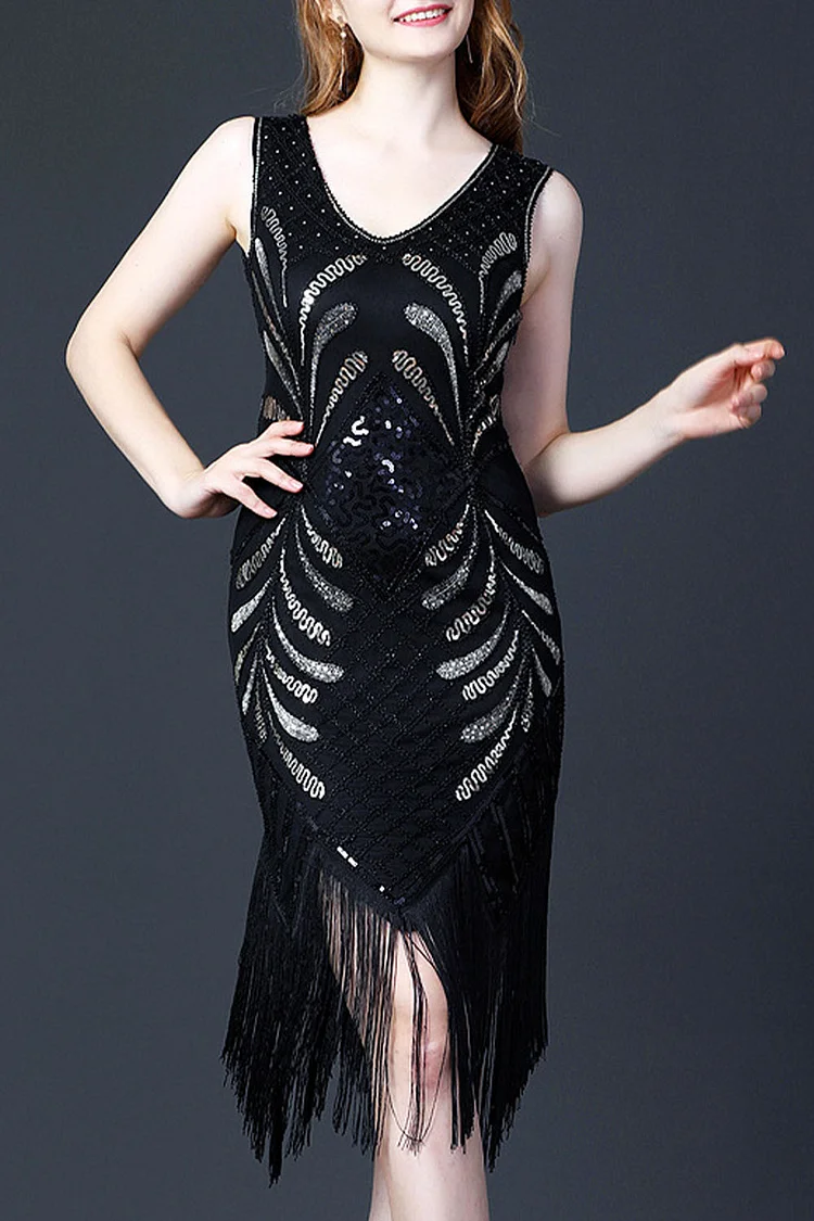 1920s Black Cocktail Party Fringe Sequins Beaded V Neck Sleeveless Midi Dress