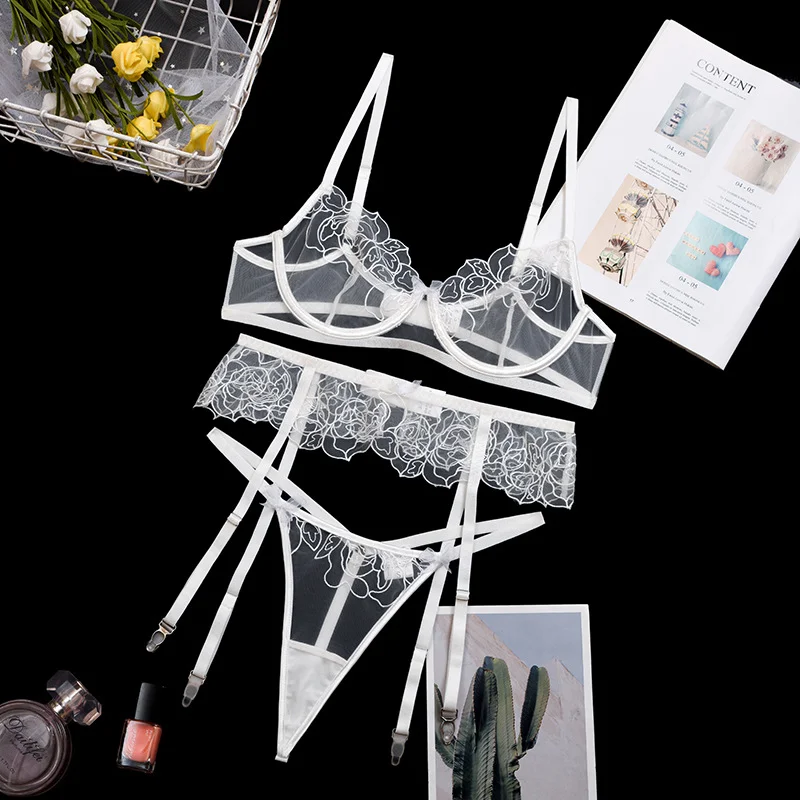 Billionm Lingerie Set Women Floral Lace Underwear See Through White Transparent Bra and T-back Thong Lenceria Exotic Babydoll Intimate
