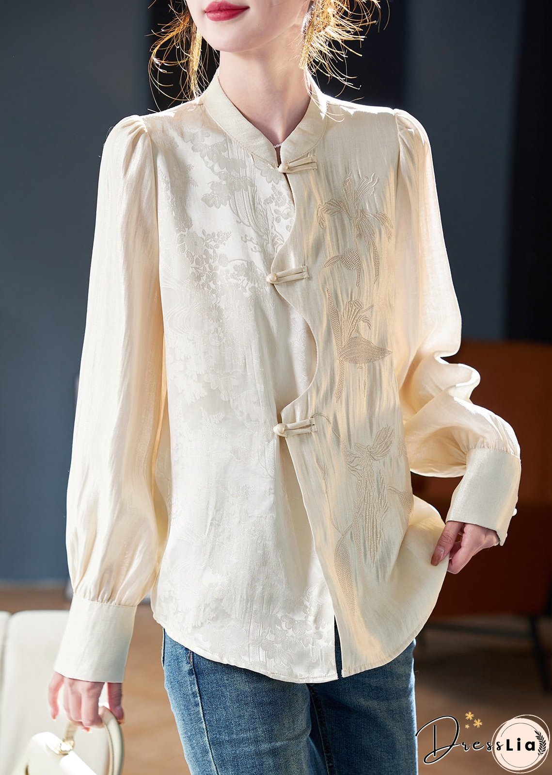 New Apricot Embroidered Button Cotton Shirt Long Sleeve