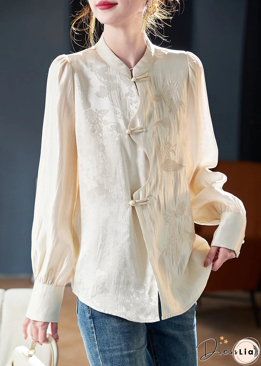 New Apricot Embroidered Button Cotton Shirt Long Sleeve