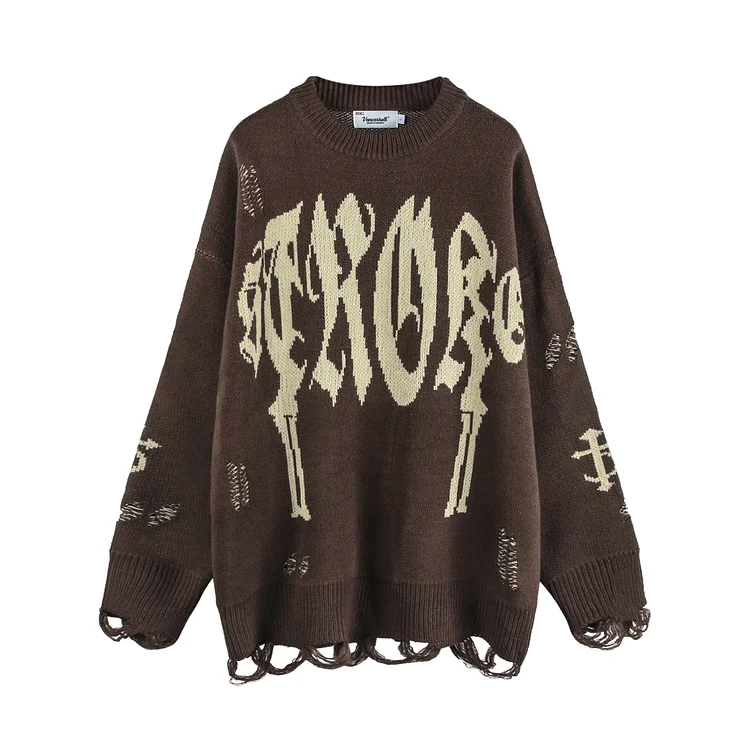 High Street Dark Style Gothic Letter Jacquard Hole Sweater Hip Hop Black Sweater at Hiphopee