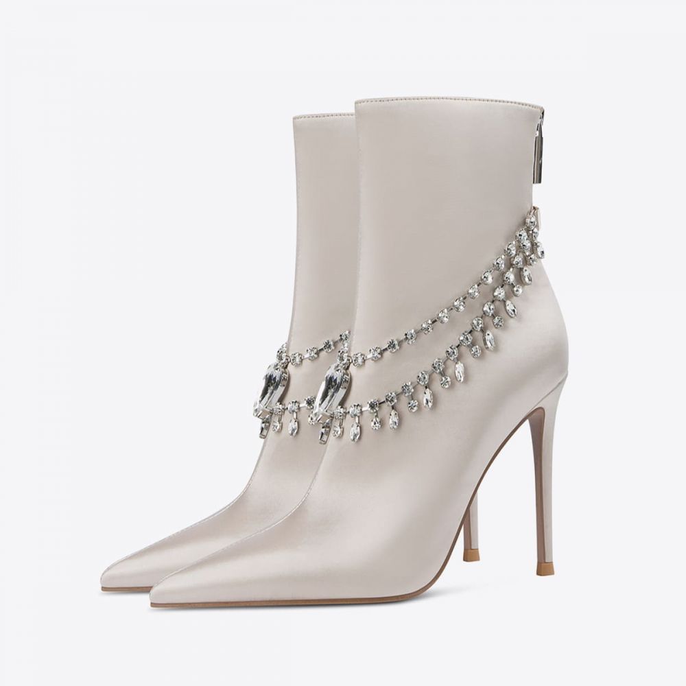 Women's Off-White Satin Pointed Toe Crystal Chain Heeled Booties Nicepairs