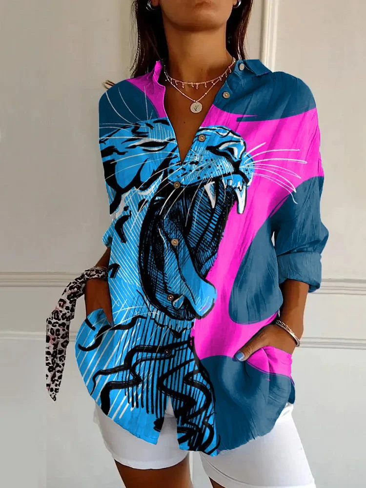Vintage Leopard Print Casual Long Sleeve Shirt