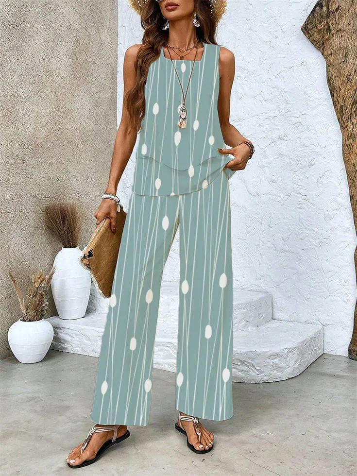 Women's Sleeveless Square Collar Striped Graphic Printed Casual Set