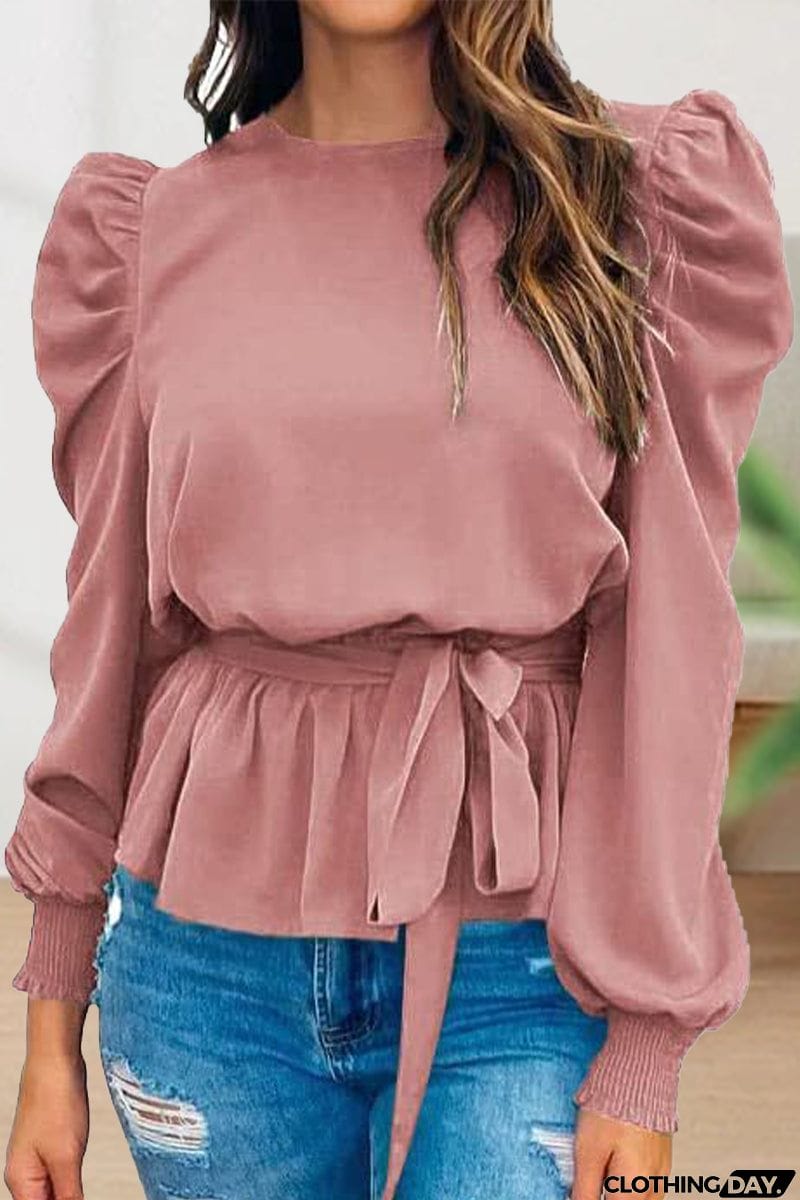 Casual Lace Frenulum Solid Color O Neck Tops(6 Colors)