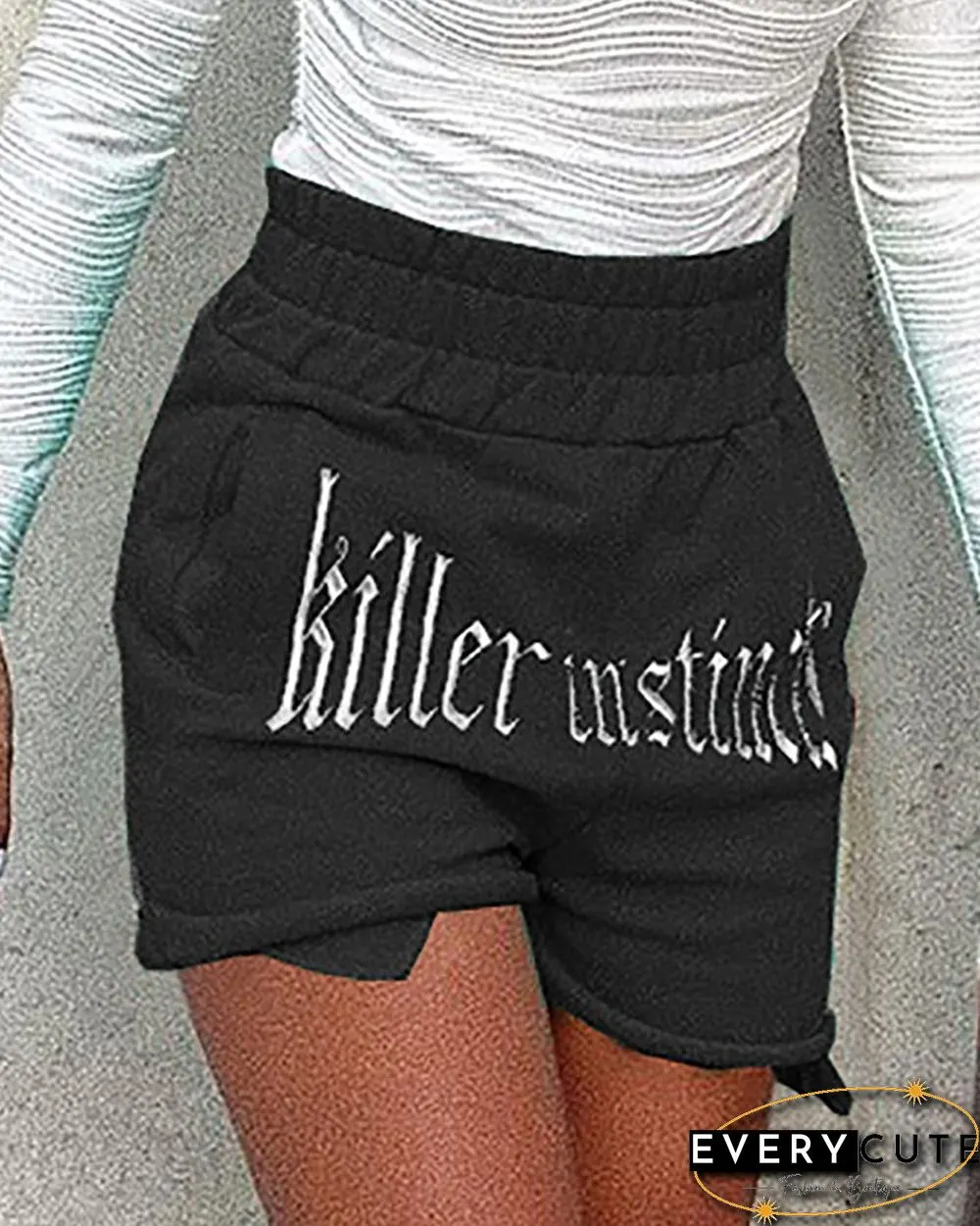 Letter Embroidery Shirred High Waist Casual Shorts