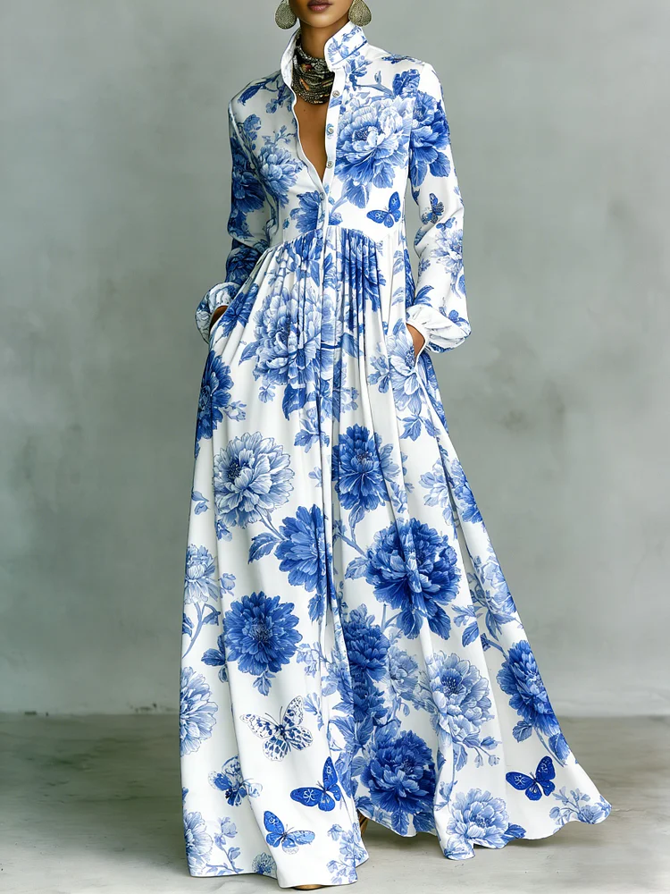 Women's Vintage print Elegant Romantic Vacation Maxi Dress