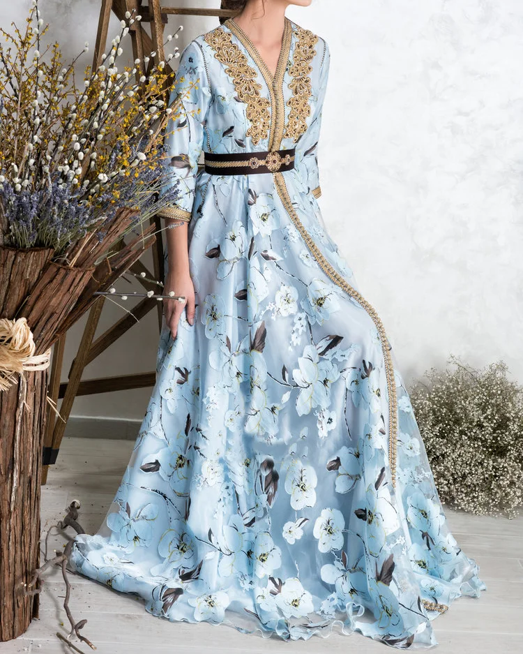 Elegant Blue Tulle Floral Embroidery Dress