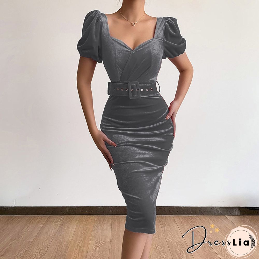 Elegant Bodycon Low-Cut V-Neck Puff Sleeve Midi Dress Women Autumn Velvet Slim Party Dress Fashion Folds Solid Dresses Vestidos