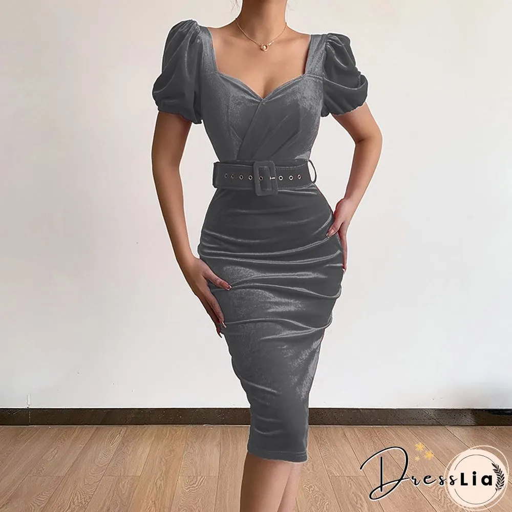 Elegant Bodycon Low-Cut V-Neck Puff Sleeve Midi Dress Women Autumn Velvet Slim Party Dress Fashion Folds Solid Dresses Vestidos