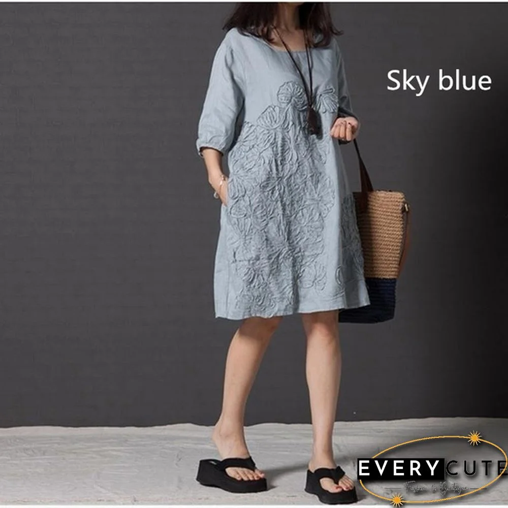 Women Fashion Summer Style T -shirt Loose Cotton Embroidered Casual Dress Plus Size Ladies Linen Dress