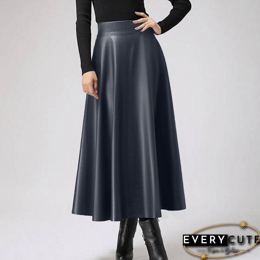 S- Women Faux Leather Vintage Maxi Long Skirts High Waist Pleated Big Swing Skirt Dress