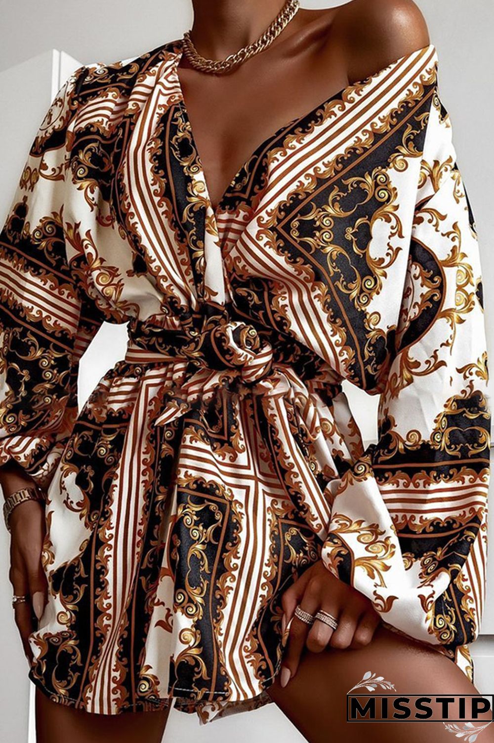 Brown Vintage Print Bandage Patchwork V Neck Shirt Dress Dresses