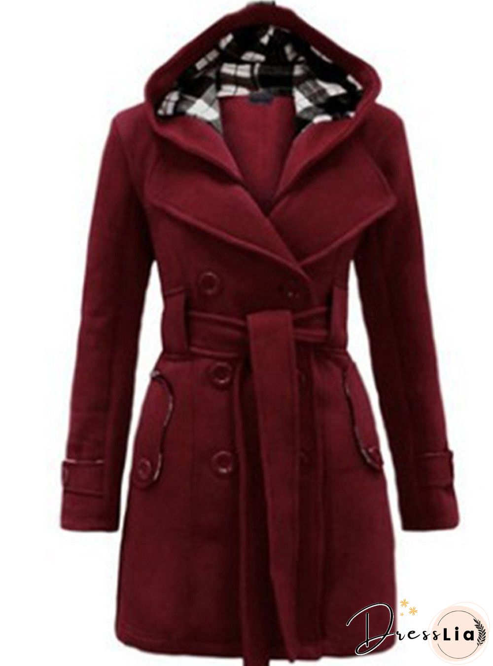 Checked Hooded Woolen Coat With Long Belt