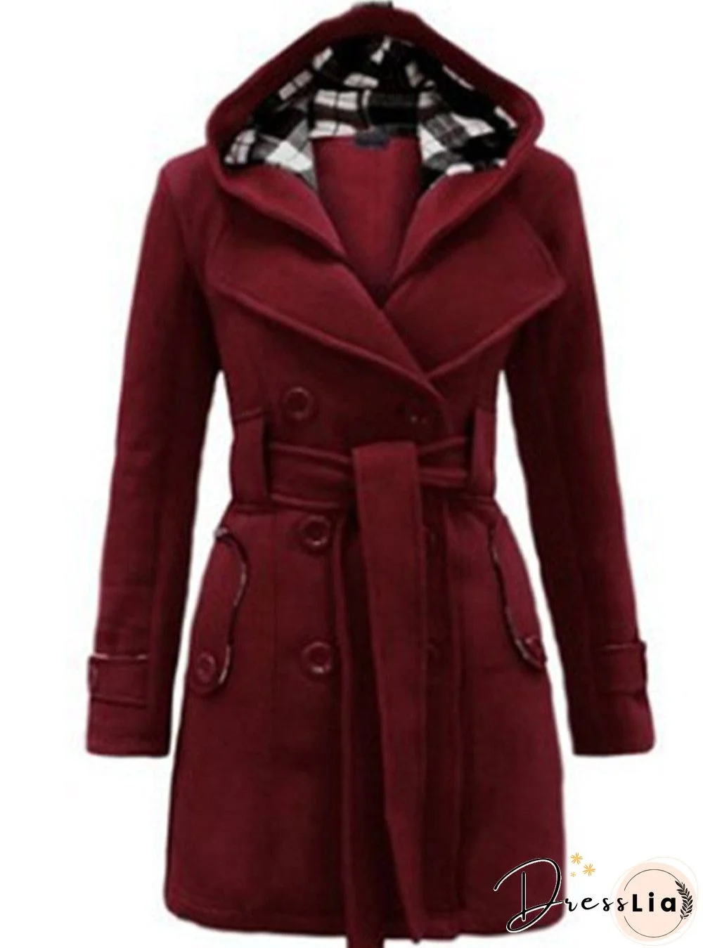 Checked Hooded Woolen Coat With Long Belt